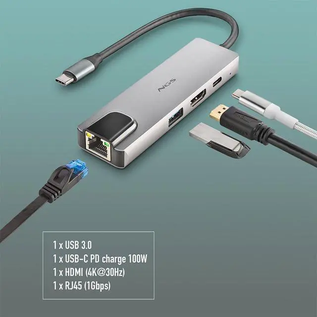 Alt view image 4 of 7 - NGS Wonder Dock Supra 4-in-1 Aluminum USB-C Multiport Adapter, USB 3.0, USB-C with PD Charging 100W, HDMI 4K @ 30Hz RJ45, Compatible with Windows 11/10/8/8.1/7/XP/Vista, Mac OS and Linux