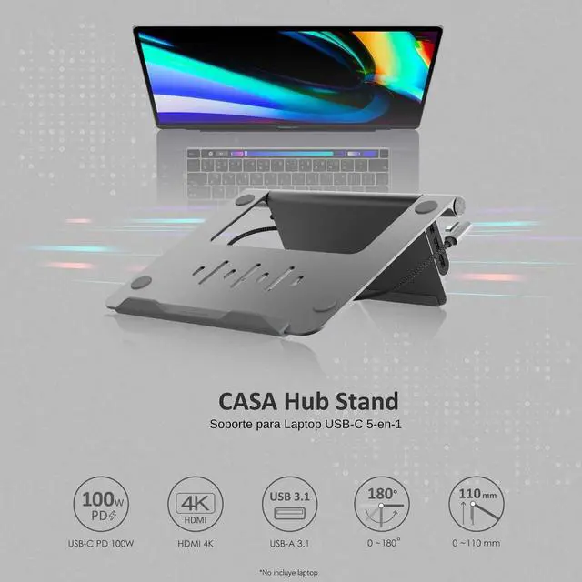 Alt view image 6 of 7 - Adam Elements CASA HUB Stand USB-C 5-in-1 Laptop Stand Hub - Grey