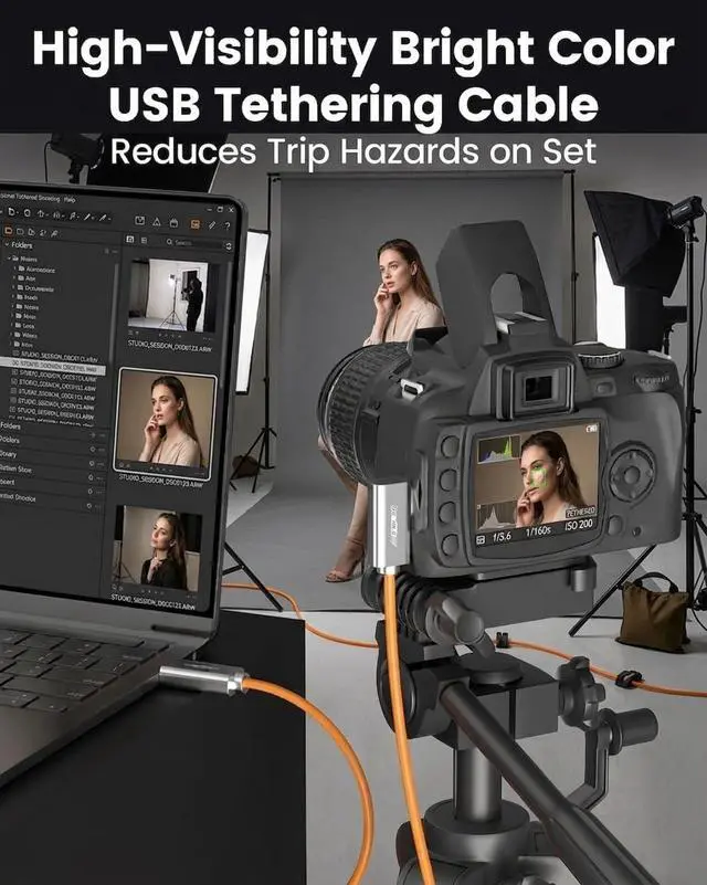 Alt view image 4 of 7 - Fiber Optic USB C Tethering Cable 15FT, 10Gbps Right Angle High-Speed Bidirectional Data Sync & PD 60W Tether Cord with German SiliconLine Chip, Zero Data Loss for Sony Canon Nikon Camera Computer VR