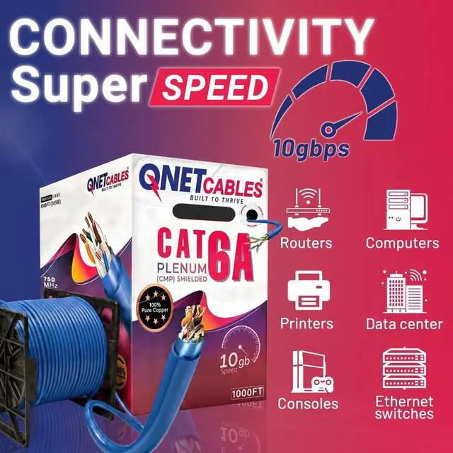 Alt view image 4 of 6 - Cat6A Shielded Bulk Ethernet Cable 1000ft Yellow, CMP Plenum Rated F/UTP Internet Network Cable, 23AWG Solid Bare Copper, 750MHz, 10Gbps, PoE++ Compatible, Reel-in-Box (Blue)