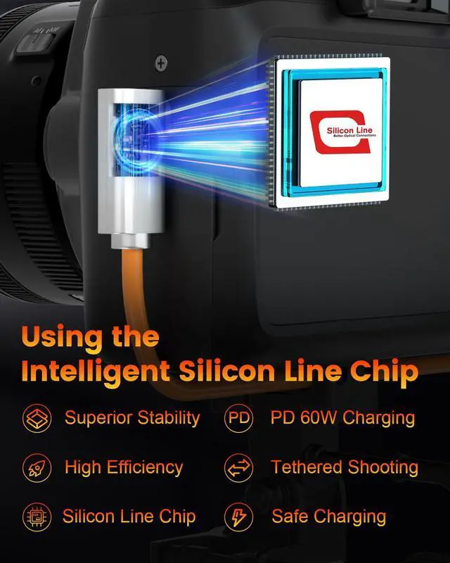 Alt view image 6 of 7 - Fiber Optic USB C Tethering Cable 15FT, 10Gbps Right Angle High-Speed Bidirectional Data Sync & PD 60W Tether Cord with German SiliconLine Chip, Zero Data Loss for Sony Canon Nikon Camera Computer VR