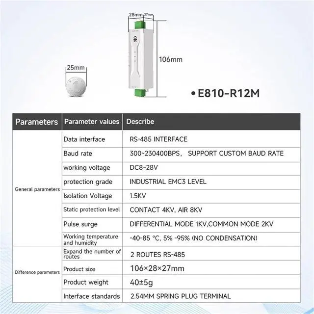 Alt view image 2 of 7 - RS485 Hubs Isolation Industrial DC 8-28 V E810-R Series ESD Protection Power and Signal Isolation(E810-R12M)