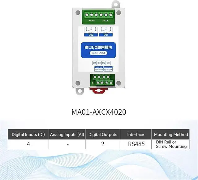 Alt view image 2 of 6 - ModBus RTU Serial IO Module RS485 Interface AI DI DO 8 Digital Outputs Rail Installation 8~28VDC MA01-AXCX4020(4DI 2DO)