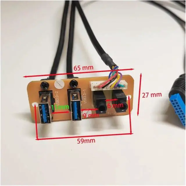 Alt view image 3 of 4 - ZHANGLH 73cm 2-Port USB 3.0 19Pin 3.5mm HD Audio Standing Socket Interface Motherboard Extension Cable Chassis Front Panel 65x27mm