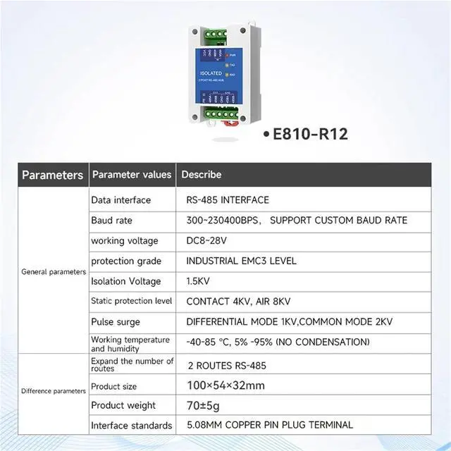 Alt view image 2 of 7 - RS485 Hubs Isolation Industrial DC 8-28 V E810-R Series ESD Protection Power and Signal Isolation(E810-R12)