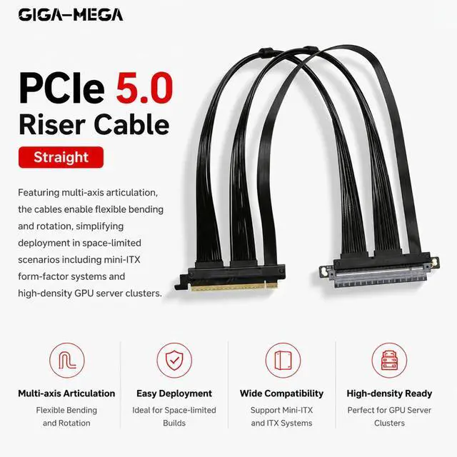Alt view image 7 of 7 - PCIe 5.0 X16 Riser Cable Right Angle Left Angle Straight Flexible Bundle Cable for AI Server 50-60 CM Length Black and White (Black, Right Angle 50cm)
