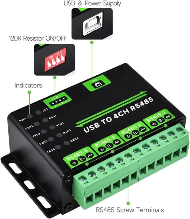 Alt view image 2 of 7 - USB to RS485 Adapter, USB to 4 Way RS485 Converter Multi Systems for Industrial Control Data Collections, Instrumentations