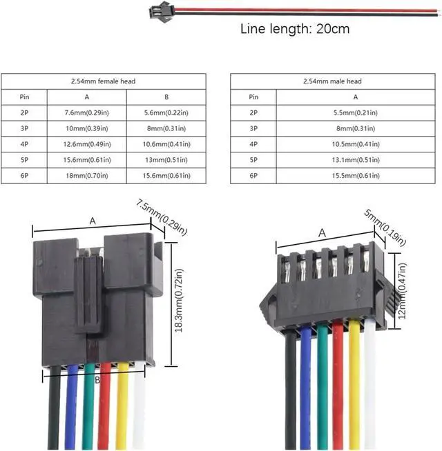 Alt view image 7 of 7 - Male and Female connectors with Cables 10PCS J+S+T S+M 2/3/4/5/6Pins 2.54MM Plugs Male to Female Wire Connector Cable Pigtail Plugs L+E+D Connecting line 20cm Long(6Pin Male)