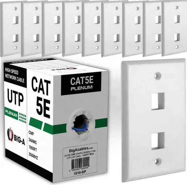 Main image of Big-A - Cat5e Plenum Cable 1000ft Blue 350MHz High-Speed Networking + 2 Port Keystone Wall Plate 1 Gang Ethernet Wall Plate Compatible with HDMI Keystone - White Bundle