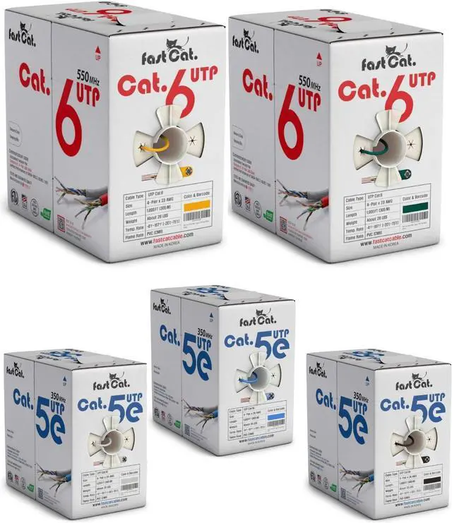 Main image of fast Cat. Cat6 and Cat5e Ethernet Cable Bundle 5-Pack 1000ft Each Solid Bare Copper, CMR Rated, UTP LAN Cable Cat6 (Yellow & Green) & Cat5e (Blue, Black & White)
