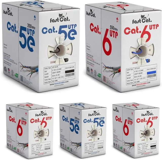 Main image of fast Cat. Cat6 and Cat5e Ethernet Cable Bundle - 5-Pack 1000ft Each - Solid Bare Copper, CMR Rated, UTP LAN Cable - Cat6 (Blue, Black, White) & Cat5e (Black, White)