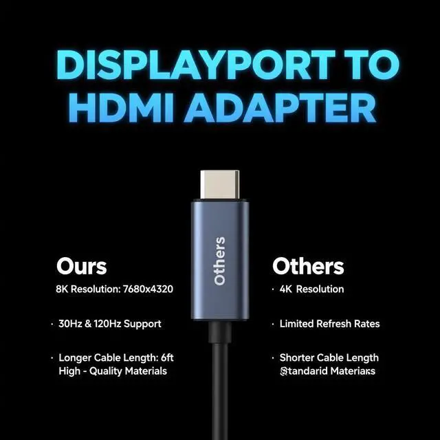 Alt view image 4 of 7 - DisplayPort 1.4 to HDMI 2.1 Adapter Cable - 8K Resolution Support, 6 Feet Length for High - Performance Video and Sound Signal