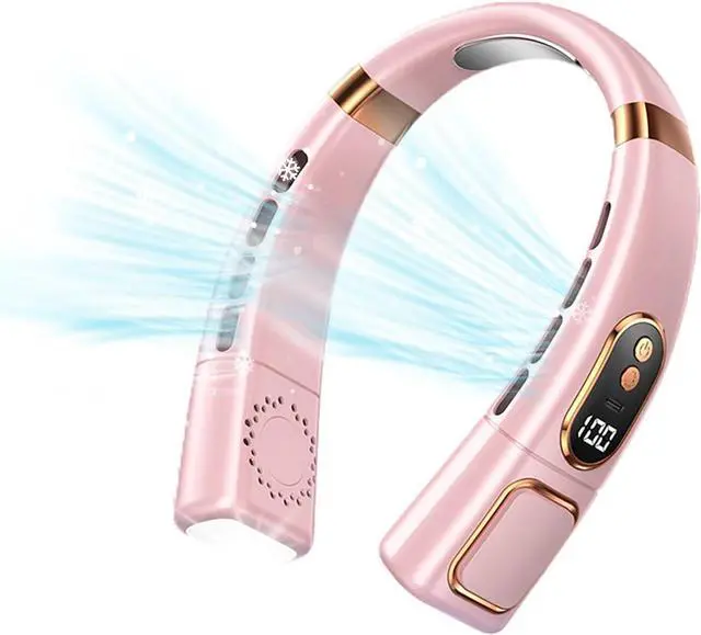 Main image of Neck Fan, Portable Neck Fan Rechargeable, Bladeless Fan with 5 Speeds, Led Display & Ice Tiles, Wearable Hands-Free Personal Hanging Fan for Men & Women, Travel, Pink 3000mAh with Light