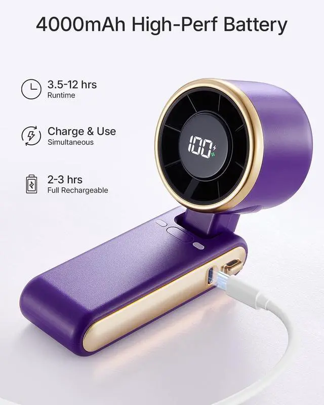 Alt view image 5 of 7 - Portable Handheld Turbo Fan - 5 Gear High Speed 4000mah Rechargeable Mini Personal Hand Fan Blow Cold Air, Battery Operated Travel Essentials, for Women, Men Purple a