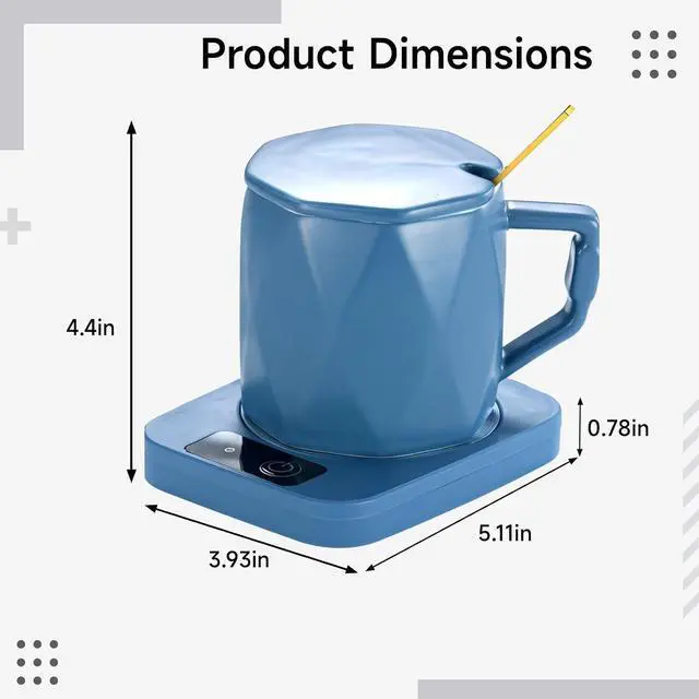 Alt view image 3 of 3 - Mug Warmer Set, 55 C Temperature Control Ceramic Mug with Heating Pad, Present Box, Key Button Operation, Blue, US Power Version