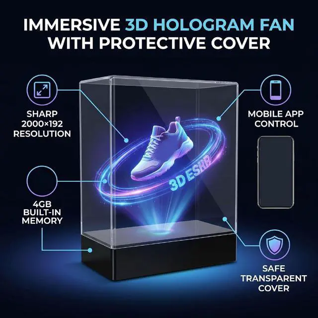Alt view image 4 of 7 - Cosiki 3D Hologram Fan with 2000x1920 Resolution 4GB Memory App Control Transparent Protective Cover 96 LED Beads for Retail Store Shopping Mall Display