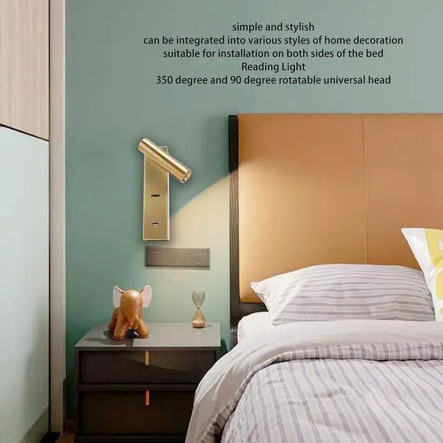 Alt view image 2 of 7 - LED Wall Mounted Reading Light Design Adjustable Angle for Bedroom and Hotel USB Charging Aluminum 100V-240V (Warm Light)