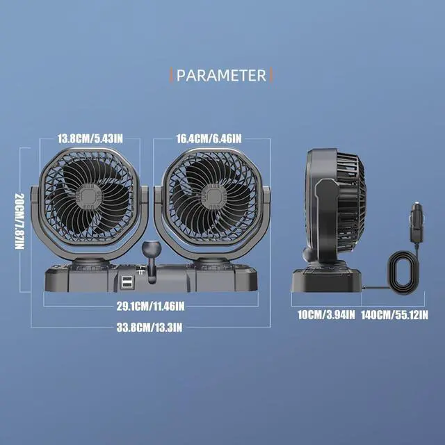 Alt view image 7 of 7 - Double Headed Fan Low Design with Wide Angled Coverage for Home Travel Automotive and Indoor Use Two Way Cooling Fan