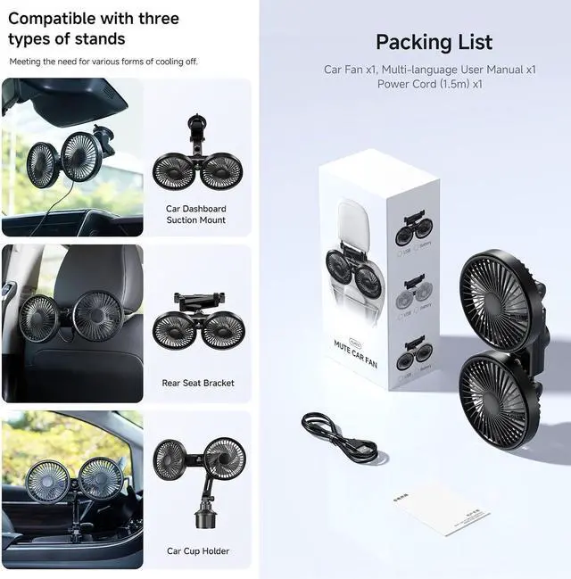 Alt view image 7 of 7 - Double Mount Car Fan with 3 Speed Settings and USB Power for Personalizing Airflows in Vehicles Fast Cooling Type C Car Fan Device