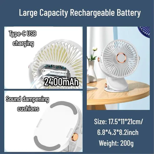 Alt view image 6 of 7 - Portable 6-inch Usb Rechargeable Clip-on Desk Fan With 5 Speed Settings & Led Lights - Ideal For Home, Travel, Camping & Outdoor Use (white) White