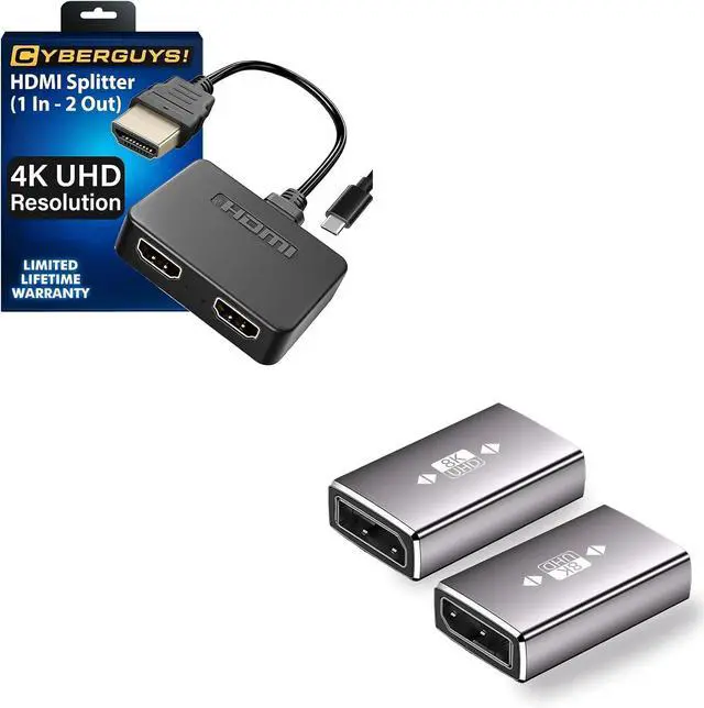 Main image of Cyberguys! HDMI Splitter 1 in 2 Out, 4K HDMI Hub 2.0 Video Duplicator with 2.5ft USB Power Cable and Adapter 2-Pack 1.4 DisplayPort Coupler, 8K@60Hz DP Female to Female Extension Adapter Co