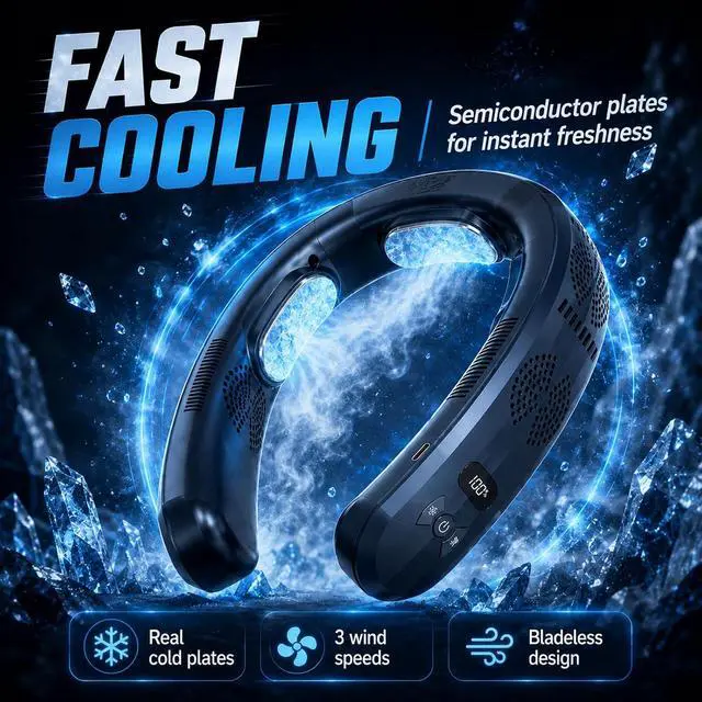 Alt view image 2 of 6 - Rechargeable Bladeless Neck Air Conditioner Fan, Long Endurance Portable Bladeless Cooling Plate, 3 Adjustable Settings, Dual Hot and Cold Modes, Quiet Lightweight Wearable Neck Fanblue