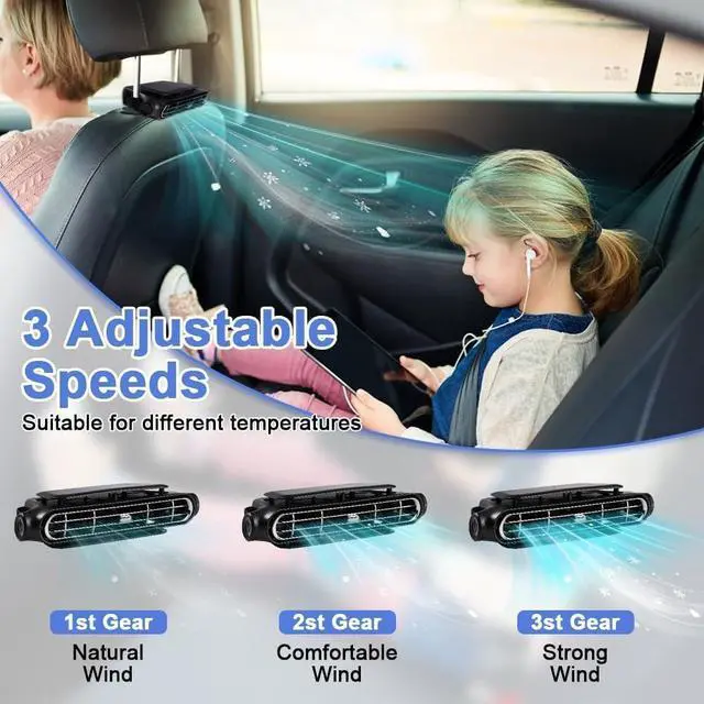 Alt view image 2 of 7 - Backseat Car Fan, USB Powered Headrest Car Fan with 1.5m Cable, Ultra Quiet Dual Turbo Cooling Fans, 3 Speeds Air Circulator for Baby, Kids, Pets & Rear Seat Passengers (Black+Beige)