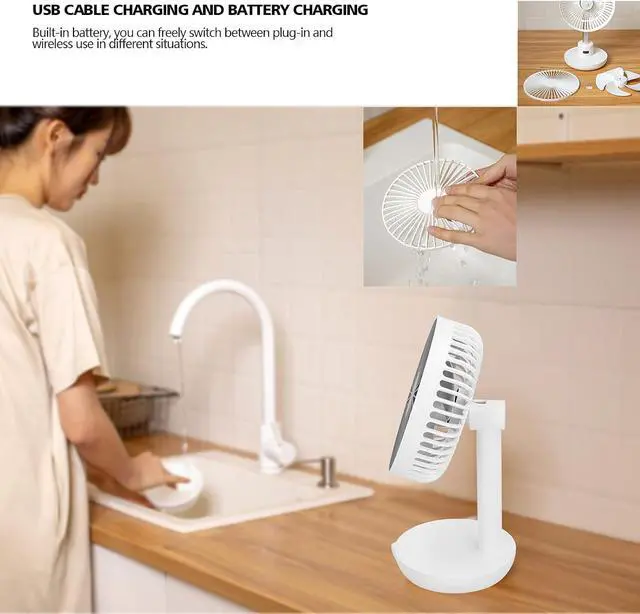 Alt view image 3 of 6 - Oscillating Desk Fan Rechargeable Portable USB Desk Fan 5 Speed Quiet for Home Office School White (White)