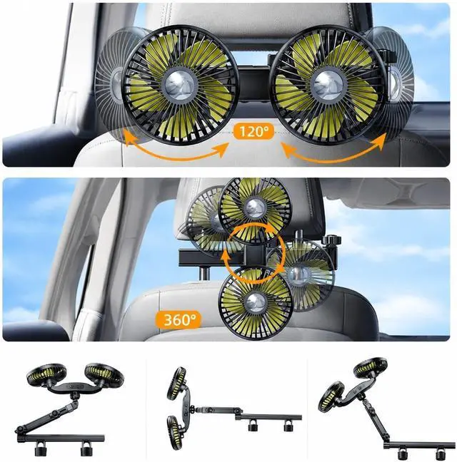 Alt view image 3 of 7 - Neck Fan, Car Dual-Head Fan Mount For Backseat Headrest USB,Portable Wearable Fan