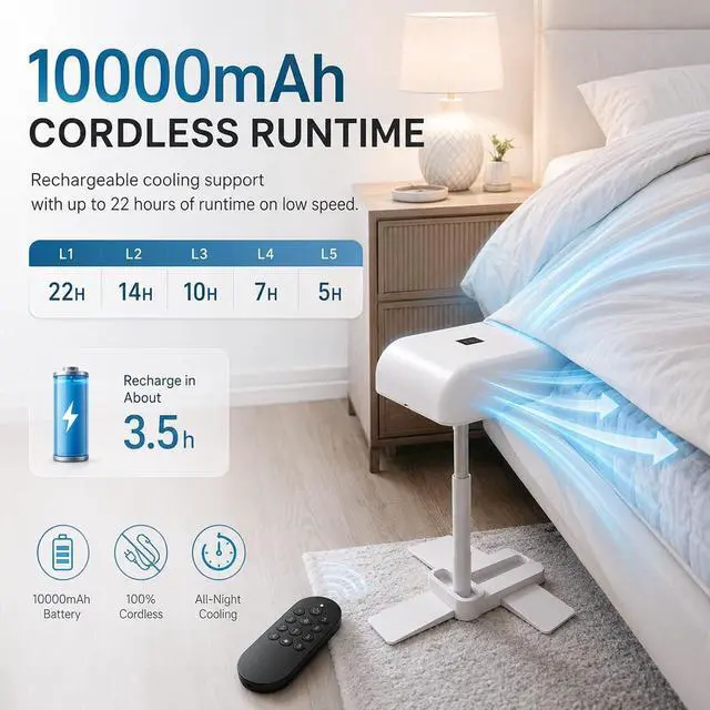 Alt view image 4 of 6 - Bed Fan Under Sheets, Under Sheet Bed Cooling System with Adjustable Speed, Quiet Cooling Bed Fan for Hot Sleepers and Nighttime Comfort, Fits Most Mattress Heights