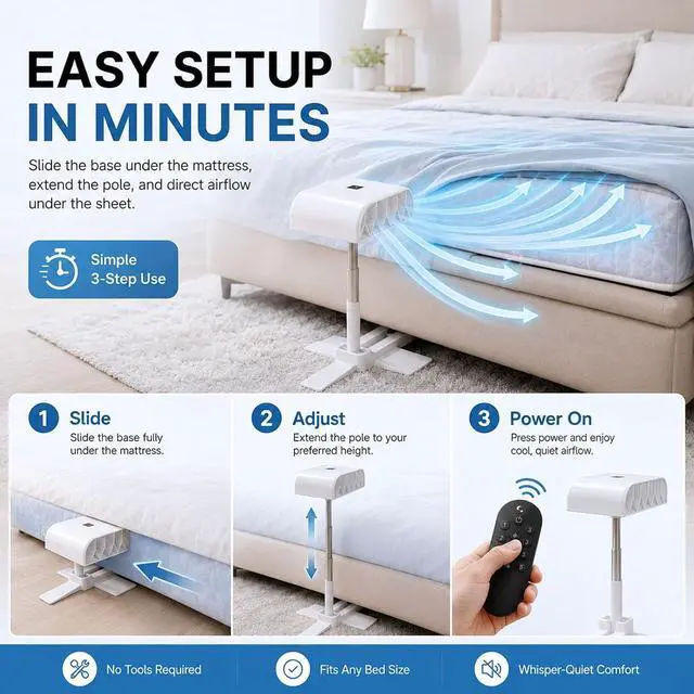 Alt view image 5 of 6 - Bed Fan Under Sheets, Under Sheet Bed Cooling System with Adjustable Speed, Quiet Cooling Bed Fan for Hot Sleepers and Nighttime Comfort, Fits Most Mattress Heights