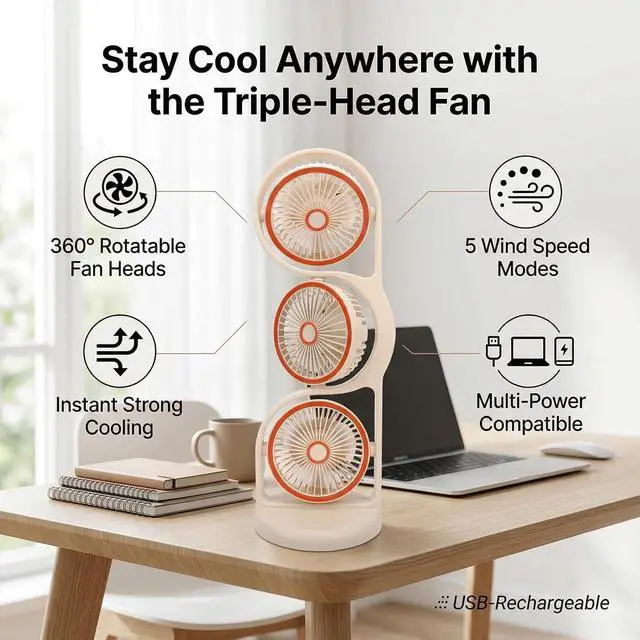Alt view image 2 of 7 - Bewinner Desk Fan USB Rechargeable Portable, 3 Head Fan with Multiple Speed Settings and Light for Study, Work, Outdoor - Beige, Triple Head Table Battery Operated (Beige)