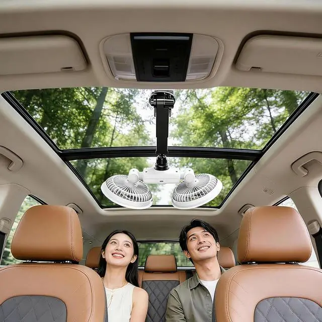 Alt view image 3 of 7 - Dual Head Car Fan with Strong Suction and 3 Speeds USB Powered Dashboard Cooling Air Wall Fan for Sedan SUV RV Auto Vehicles Home Windshield (White)