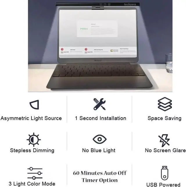 Alt view image 6 of 7 - 13-Inch Laptop Monitor Screen Light Bar with Smart Touch Sensor USB Powered 5W LED E-Reading Lamp Stepless Dimming 60-Min Timer No Screen Glare Eye Health Care Black