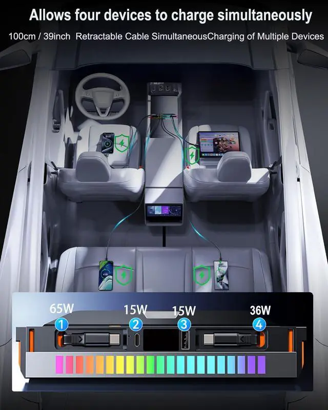 Alt view image 4 of 7 - FLAIDUO USB Hub for Tesla Model Y Juniper 2025 2026 Model 3 Highland 2024 2026 with Sliding Cover, Dual Type-C RGB Ambient Light Docking Station Multi Ports Retractable Cable fit Center Console