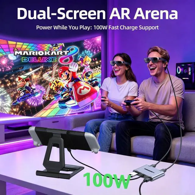 Alt view image 2 of 7 - 4-in-1 Dual USB-C Display Hub for Switch 2, Switch Docking Station Portable with 4K@60Hz/100W PD/USB3.0 5Gbps for AR/XR Glasses/Switch 1 2/Steam Deck/Laptop/Portable Monitor& Type-C Display