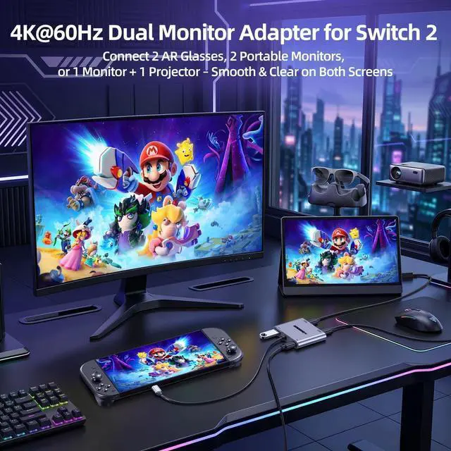 Alt view image 3 of 7 - 4-in-1 Dual USB-C Display Hub for Switch 2, Switch Docking Station Portable with 4K@60Hz/100W PD/USB3.0 5Gbps for AR/XR Glasses/Switch 1 2/Steam Deck/Laptop/Portable Monitor& Type-C Display
