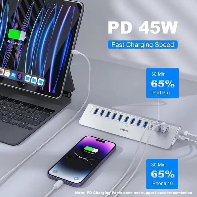 Alt view image 4 of 7 - Powered USB Hub 10Gbps, intpw YH9AC 12 Port USB C Hub with 10Gbps USB C 3.2+2 USB A 3.2, 7 USB 3.0, 2 PD 45W Charging Port, 65W Power Adapter + 3.3FT Cable, Aluminum USB Hub for PC/Laptop/iPhone 17/16