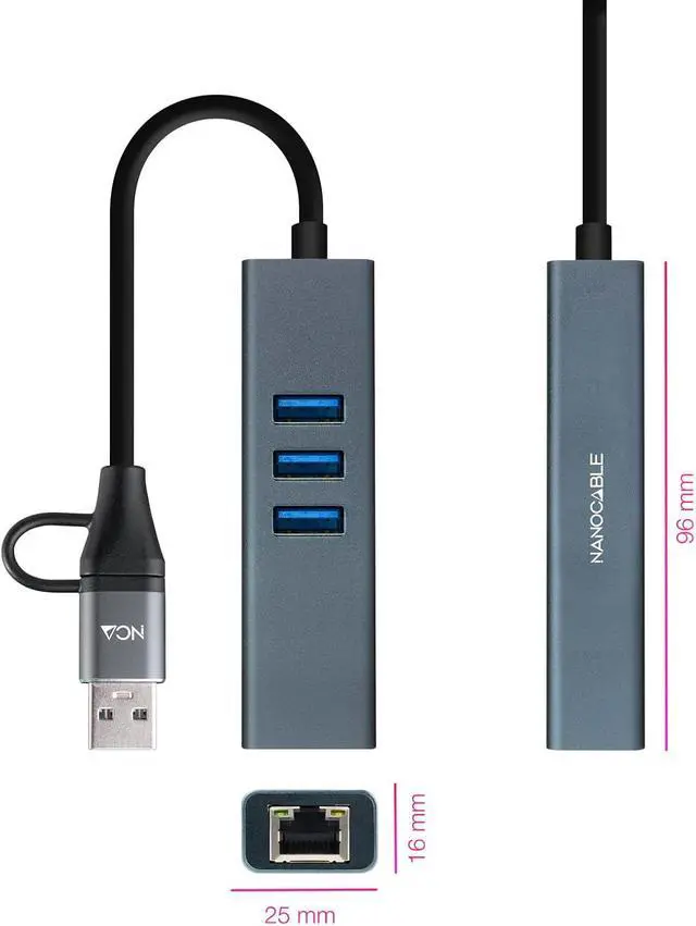 Alt view image 2 of 5 - Nanocable 10.03.0412 USB-C Converter + USB-A/M 3.0 to Ethernet + 3X USB-A 3.0, Aluminium, Grey, 15 cm
