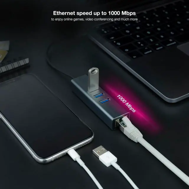 Alt view image 4 of 5 - Nanocable 10.03.0412 USB-C Converter + USB-A/M 3.0 to Ethernet + 3X USB-A 3.0, Aluminium, Grey, 15 cm