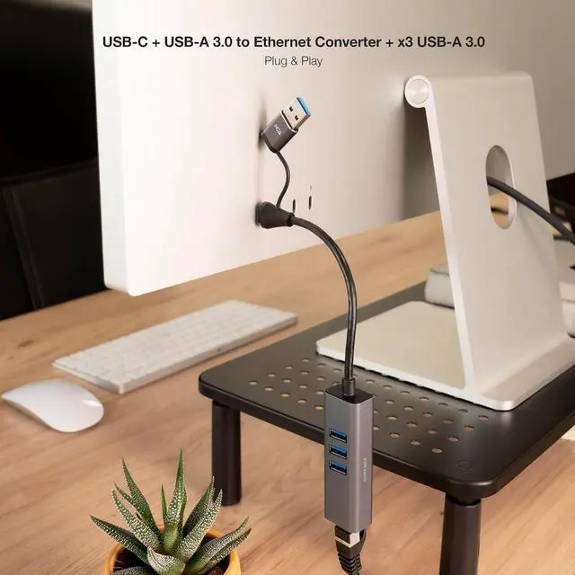 Alt view image 5 of 5 - Nanocable 10.03.0412 USB-C Converter + USB-A/M 3.0 to Ethernet + 3X USB-A 3.0, Aluminium, Grey, 15 cm