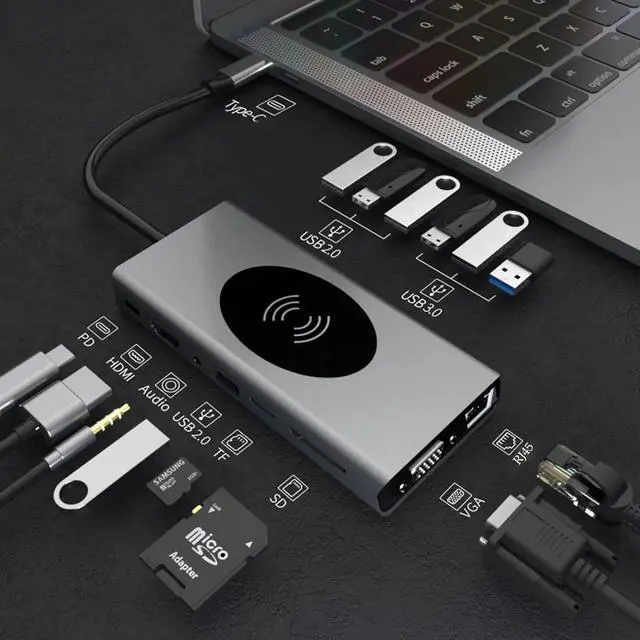 Alt view image 2 of 7 - Daguys BX15W USB HUB Type-C Docking Station with Wireless Charge Function