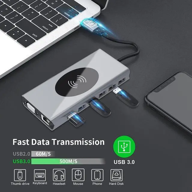 Alt view image 5 of 7 - Daguys BX15W USB HUB Type-C Docking Station with Wireless Charge Function