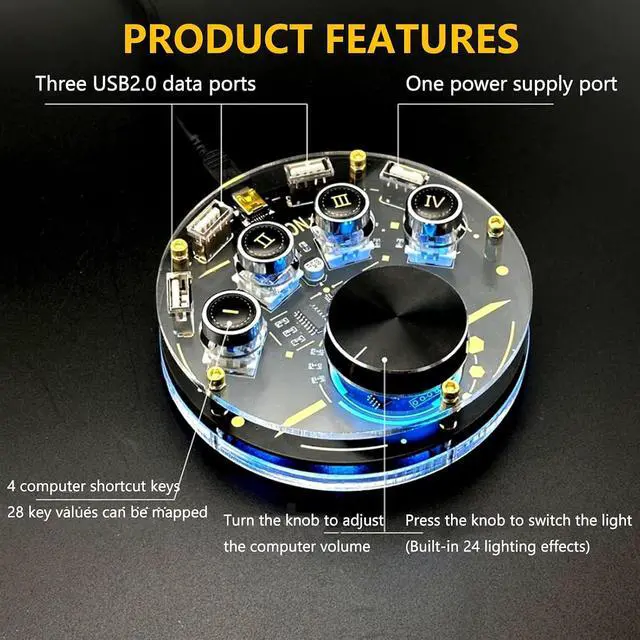 Alt view image 3 of 6 - USB Docking Station Hub with Volume Control Knob, 24 RGB Light Modes, One-Click Shortcut Input, Adjustable Volume for Laptops and Tablets