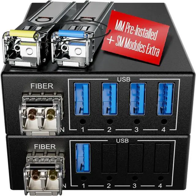 Main image of USB 3.0/2.0/1.1 to Fiber Optic Extender with 4-Port USB Hub Up to 820ft 250m Over SM/MM LC Fiber Plug & Play, No Driver Needed Power from USB Supports High-Speed Devices & Cameras