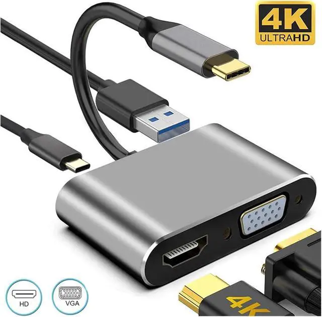 Alt view image 2 of 7 - TY>pe C to HDMI-Compatible V/GA USB 3 HUB Adapter Digital AV Multiport 4K 1080P Same Screen Line for(Gray 4 in 1)