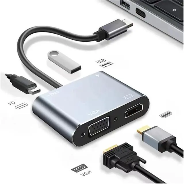 Alt view image 6 of 7 - TY>pe C to HDMI-Compatible V/GA USB 3 HUB Adapter Digital AV Multiport 4K 1080P Same Screen Line for(Gray 4 in 1)