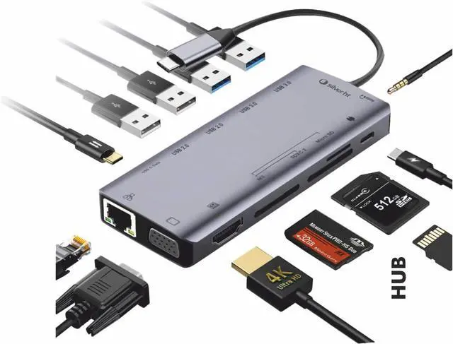 Main image of Silver HT Adapter Type C Hub 13 in 1 Aluminum Compatible with MacBook 2015/2016, MacBook Pro, MacBook Pro 2017, MacBook 2018 and Samsung DEX, Nintendo Switch, PC/Tablet/Smartphone