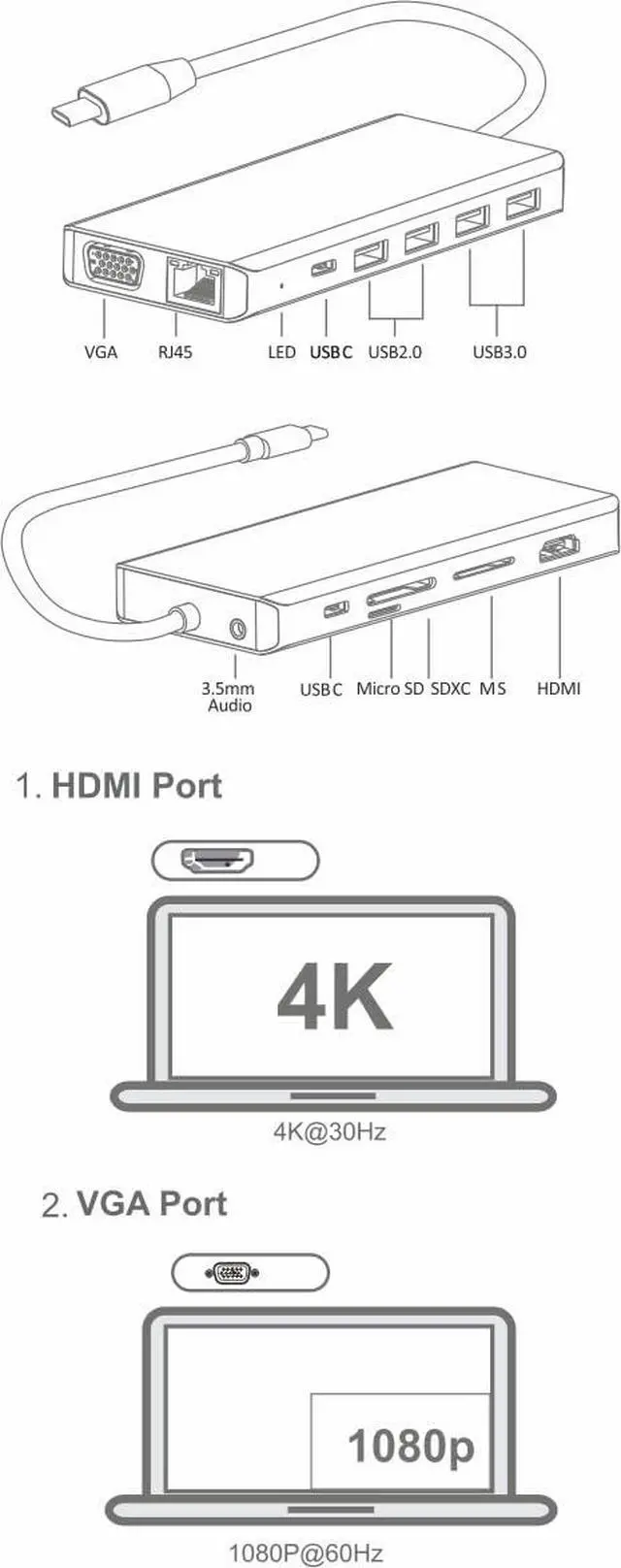 Alt view image 2 of 4 - Silver HT Adapter Type C Hub 13 in 1 Aluminum Compatible with MacBook 2015/2016, MacBook Pro, MacBook Pro 2017, MacBook 2018 and Samsung DEX, Nintendo Switch, PC/Tablet/Smartphone