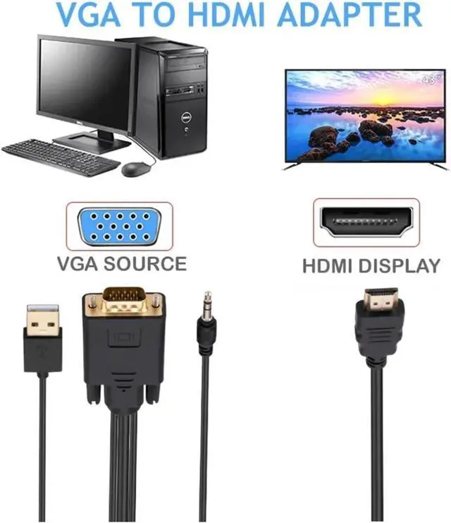 Alt view image 3 of 5 - 1.8m V/GA to HDMI-Compatible Cord HD 1080P Male to HDMI with USB Power Supply Adapter for HDTV Projector